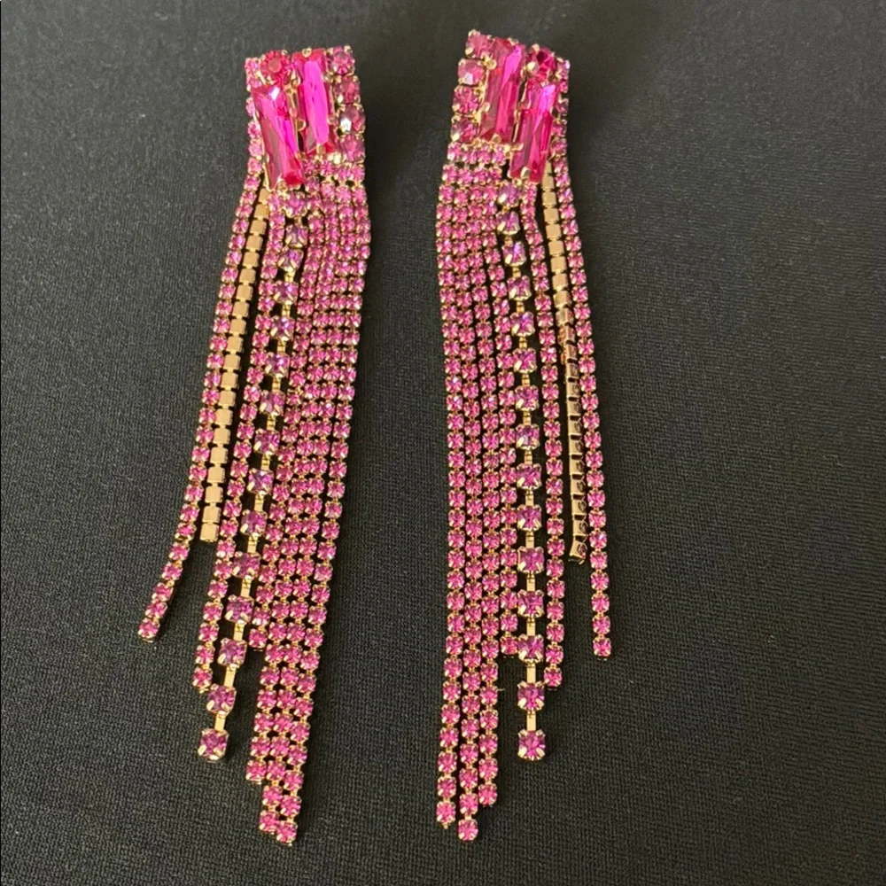 Elegant Pink Rhinestone & Gold Tone Dangle Earrings